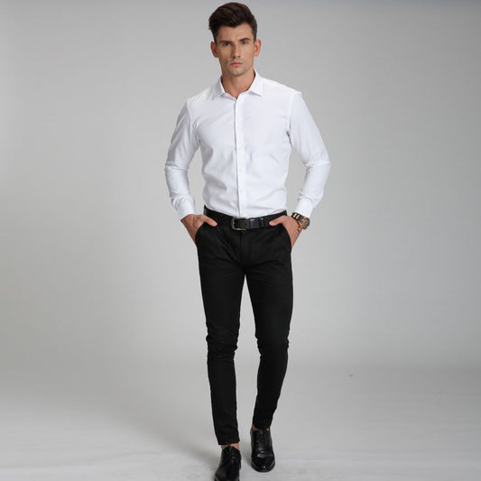 Men's formal shirt elastic long sleeved solid color formal shirt business casual button up shirt