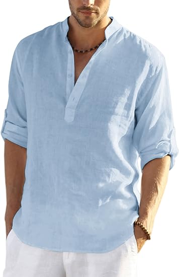 Men's Cotton Linen Henley Shirt Long Sleeve Hippie Casual Beach T Shirts