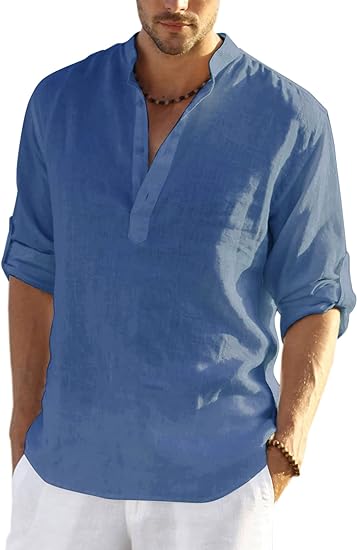 Men's Cotton Linen Henley Shirt Long Sleeve Hippie Casual Beach T Shirts