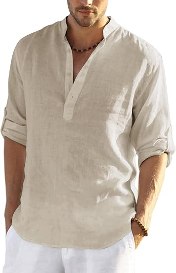 Men's Cotton Linen Henley Shirt Long Sleeve Hippie Casual Beach T Shirts