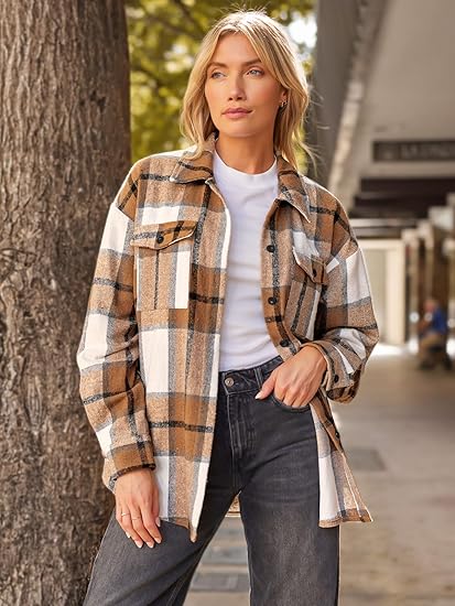 Fall Outfits Womens Fashion Casual Plaid Shackets Button Down Long Sleeve Shirts 2024 Clothes