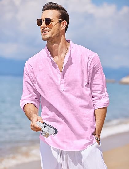 Men's Cotton Linen Henley Shirt Long Sleeve Hippie Casual Beach T Shirts