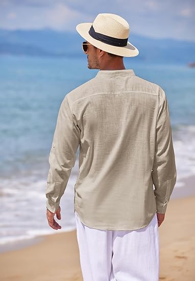 Men's Cotton Linen Henley Shirt Long Sleeve Hippie Casual Beach T Shirts