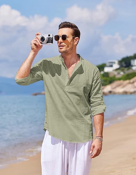 Men's Cotton Linen Henley Shirt Long Sleeve Hippie Casual Beach T Shirts