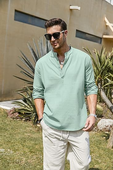 Men's Cotton Linen Henley Shirt Long Sleeve Hippie Casual Beach T Shirts