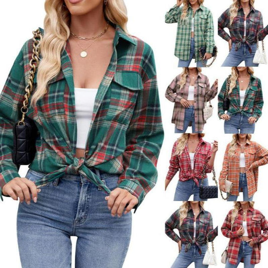 Women's Lightweight Flannel Plaid Button Down Shirts Oversized Long Sleeve Shacket Jacket Tops